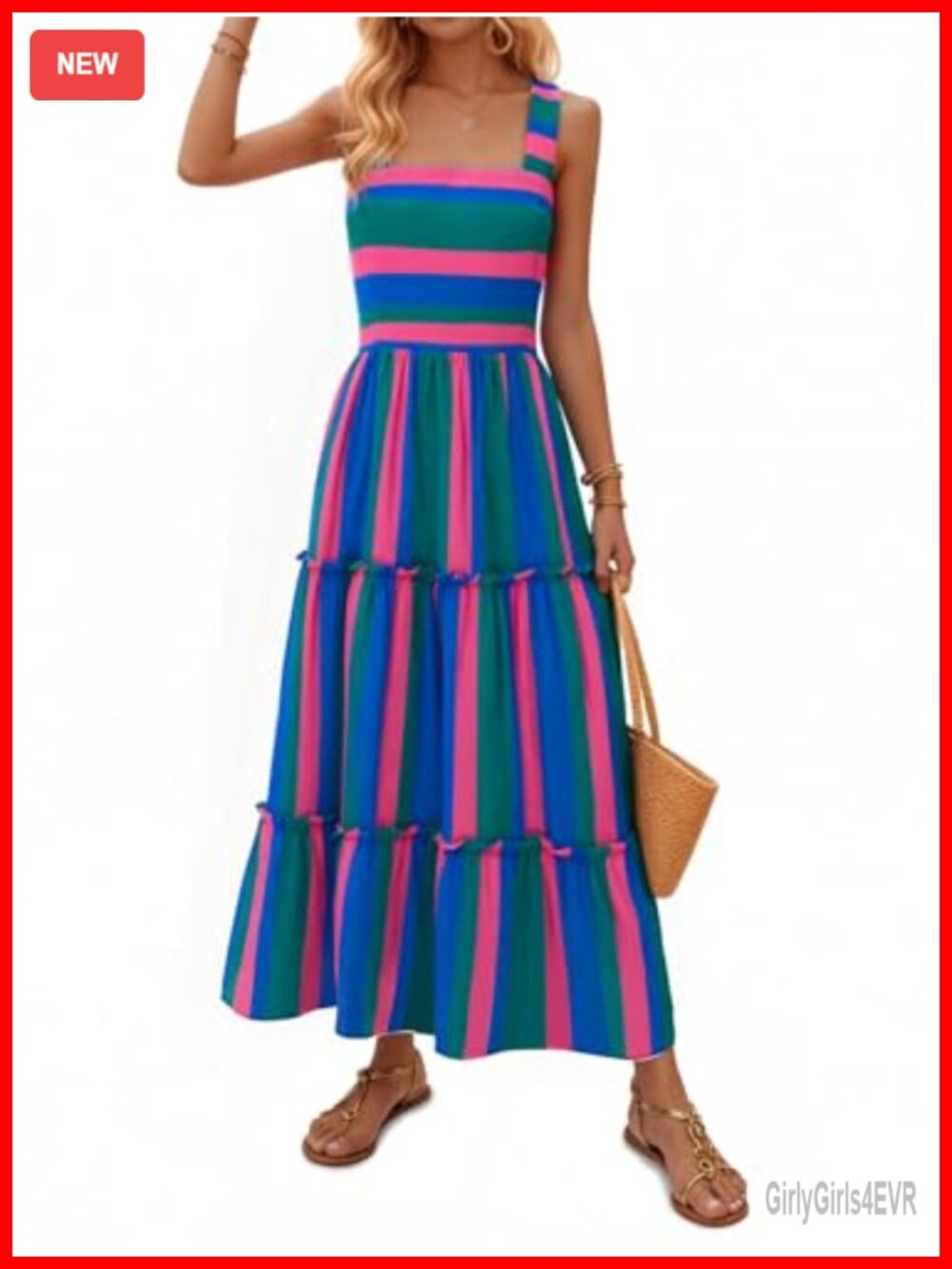 Womens Maxi Dress Striped A Line Smocked Sleeveless Boho Beach Sundress